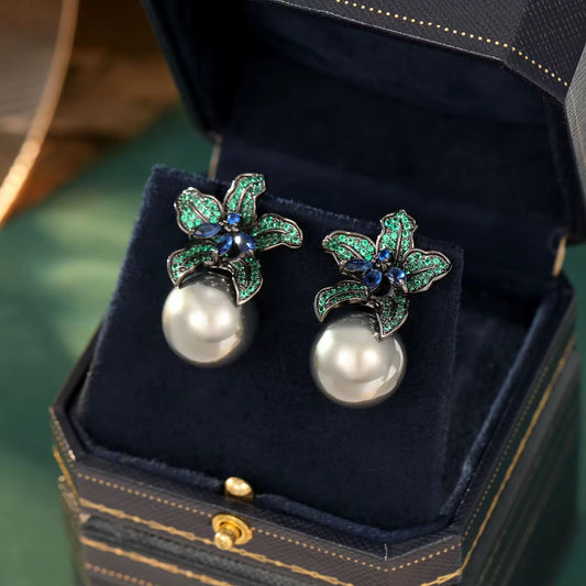 Emerald Grey Pearl Studs