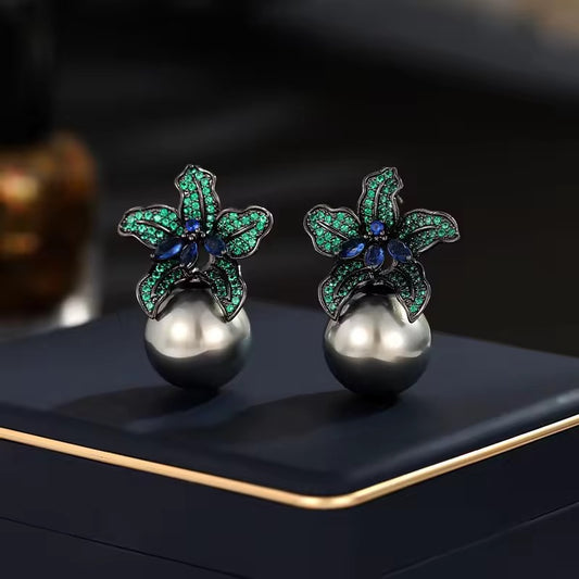 Emerald Grey Pearl Studs